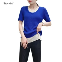 womens t shirt summer short sleeve shirt womens knitted tops fashion fake two piece round neck top slim bottoming shirt 18 35y