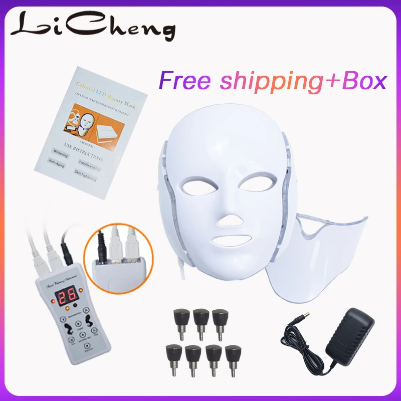 Licheng, 7 цветов, электрическая светодиодная маска для лица, маска для лица, машинный светильник, маска для лечения акне, маска для шеи, светодиодная маска для омоложения кожи