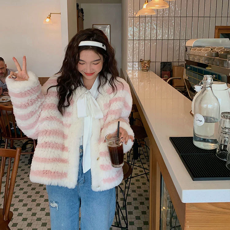 Шерстяной вязаный кардиган Haining из шерсти кролика Рекс в полоску шерстяное