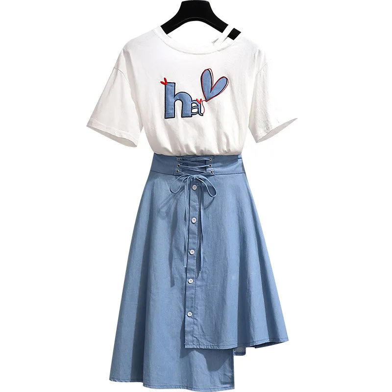

ICHOIX S-3XL Sweet women 2 piece set white t-shirt 2 piece skirt set Korean plus size set 2019 summer outfit lace up student set