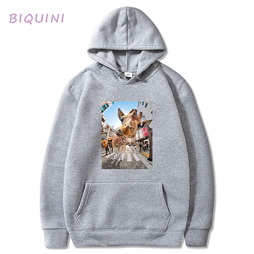 

Giraffe Animal Popular Street Fashion Spring and Autumn Movement Hooded Sweater Campus Oversized Men and Women Printing Black