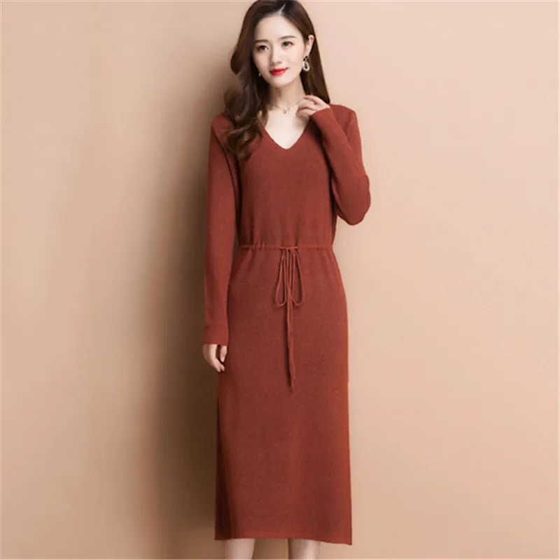 

Winter dress women green v neck slim 2020 autumn new Korean fashion loose belt bottoming knitted sweater dresses feminina LD1443