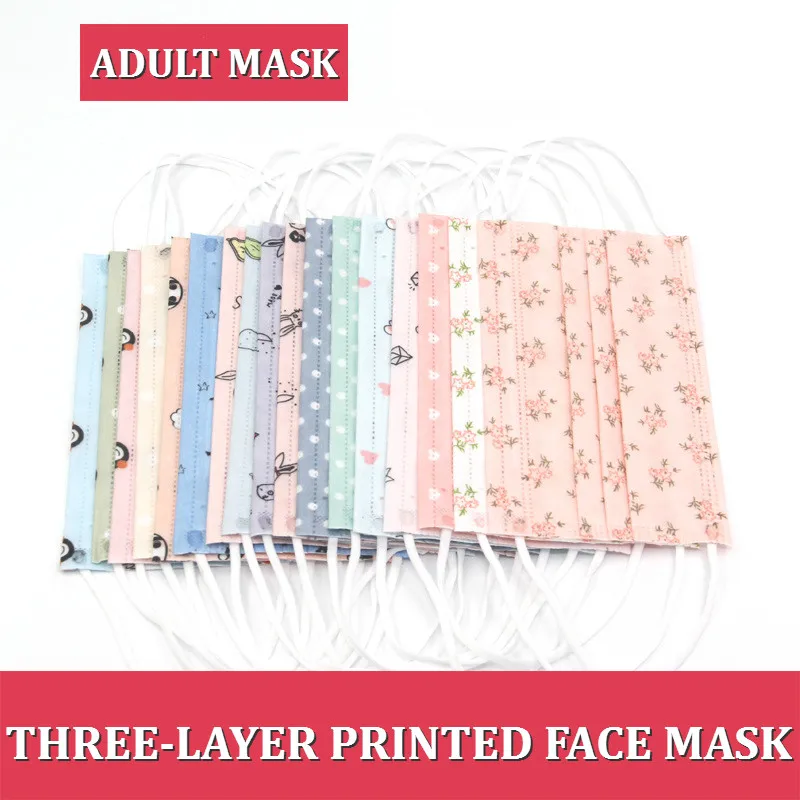 

50PCS Disposable Face Mouth Mask Cartoon Printing Mask for Women Man 3-layer with Melt Blown Cloth Spot Colour Dust Mascarillas