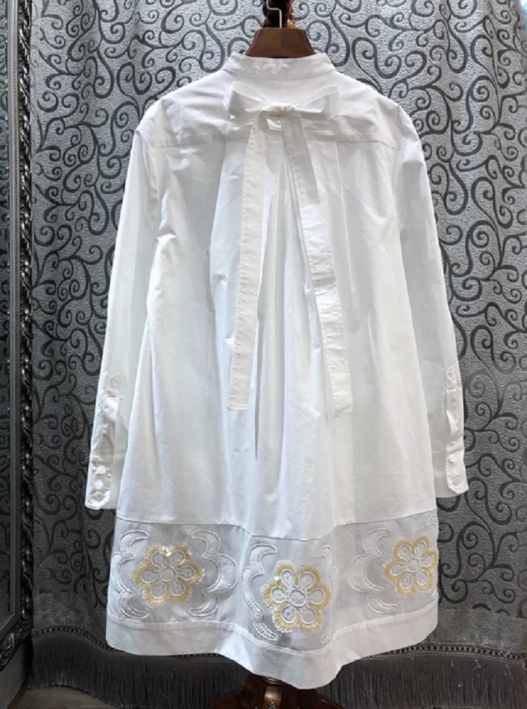 

100%Cotton Dress 2020 Spring Summer Casual Ladies Color Block Embroidery Patchwork Long Straight White Dress Clothing for Women