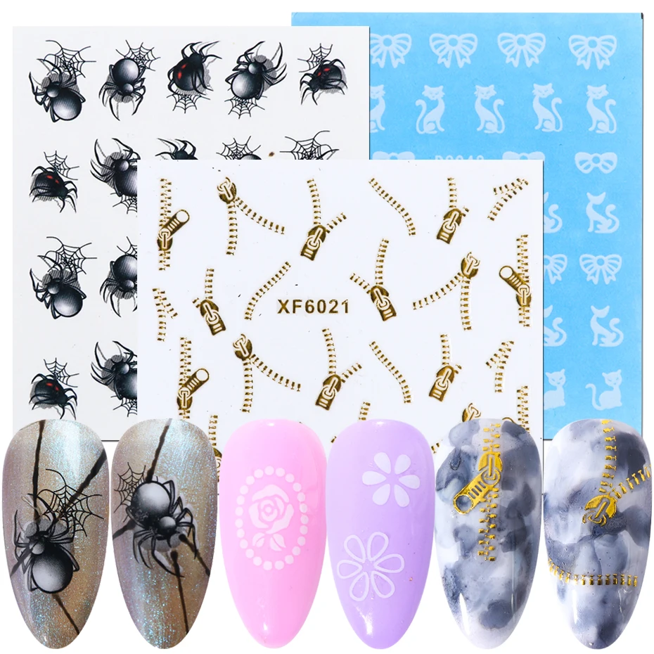 Застежка молния паук Nail Art Наклейки лак кошка переводятся с помощью воды слайдер