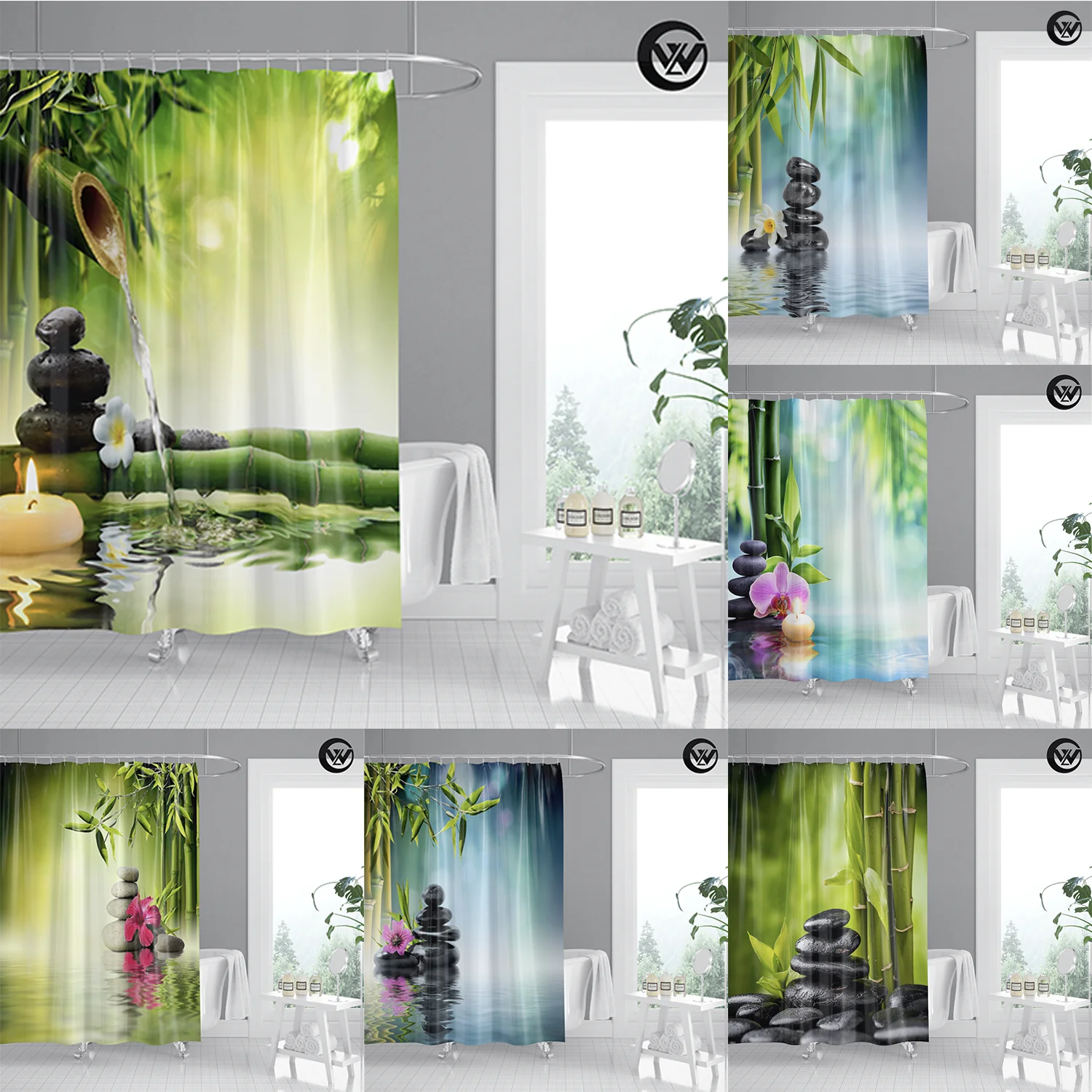 Mildew Resistant Bamboo Flower Stone Zen Extra Long Bath Shower Curtain
Liner, Custom Printed Plants Bathroom Curtains/