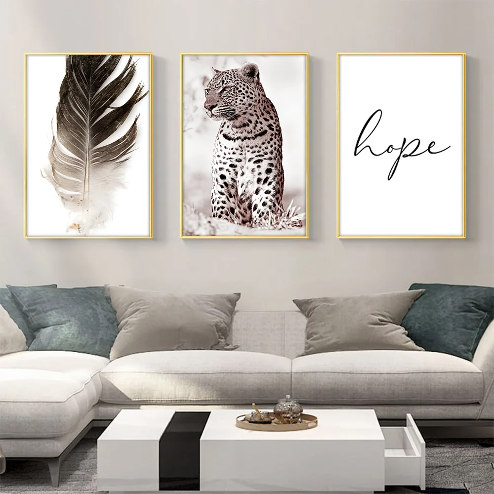 

Feather Flower Canvas Print Scandinavian Painting Leopard Poster Simplicity Quotes Wall Art Posters Nordic Picture Home Decor