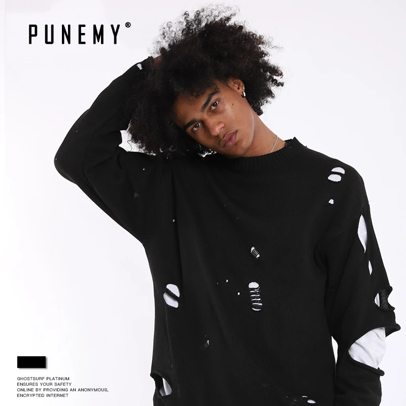 Мужские свитера в стиле хип-хоп уличная одежда Ретро стиль Рваные дыры Harajuku
