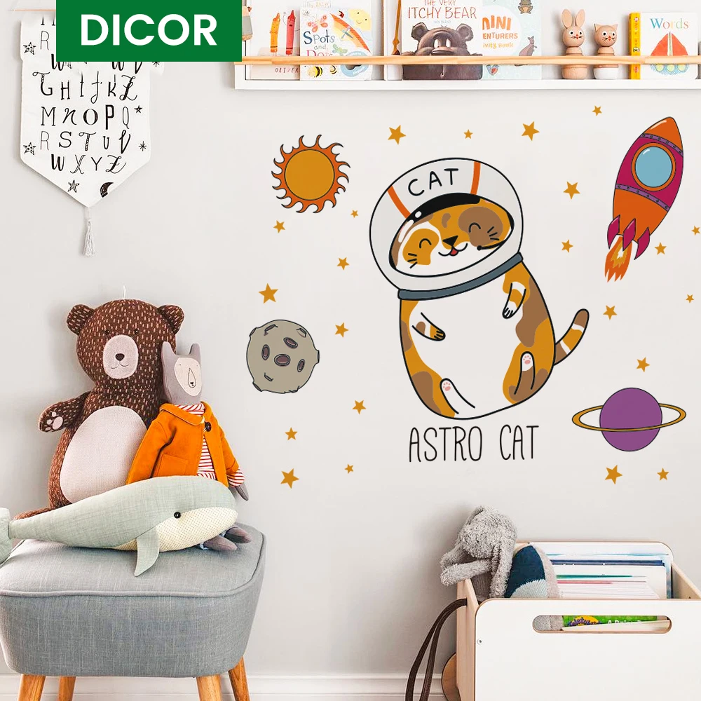 

2021 Kid Room Cartoon Big Wall Sticker Cat Cute Astronaut Anime Poster Colorful Stained Waterproof Decal Self Adhesive Removable