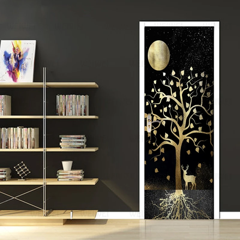 

Abstract Fortune Tree Elk Door Sticker PVC Waterproof Self-adhesive Wallpaper Living Room Door Decor Decals Mural Wall Stickers