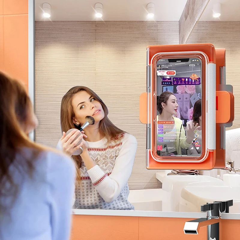 

Phone Holder Waterproof Wall Mount Rotatable Storage Rack Bathroom Phone Shelf for Shower Bathroom Kitchen TS2