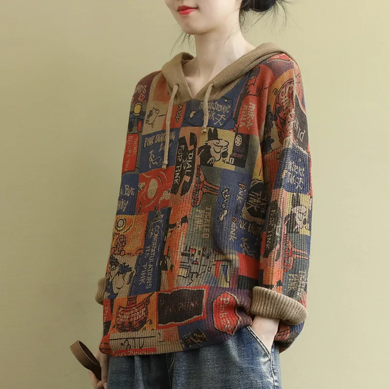 women's sweater 2019 retro literary long-sleeved hooded knit blouse autumn new print pattern wild ladies coat | Женская одежда