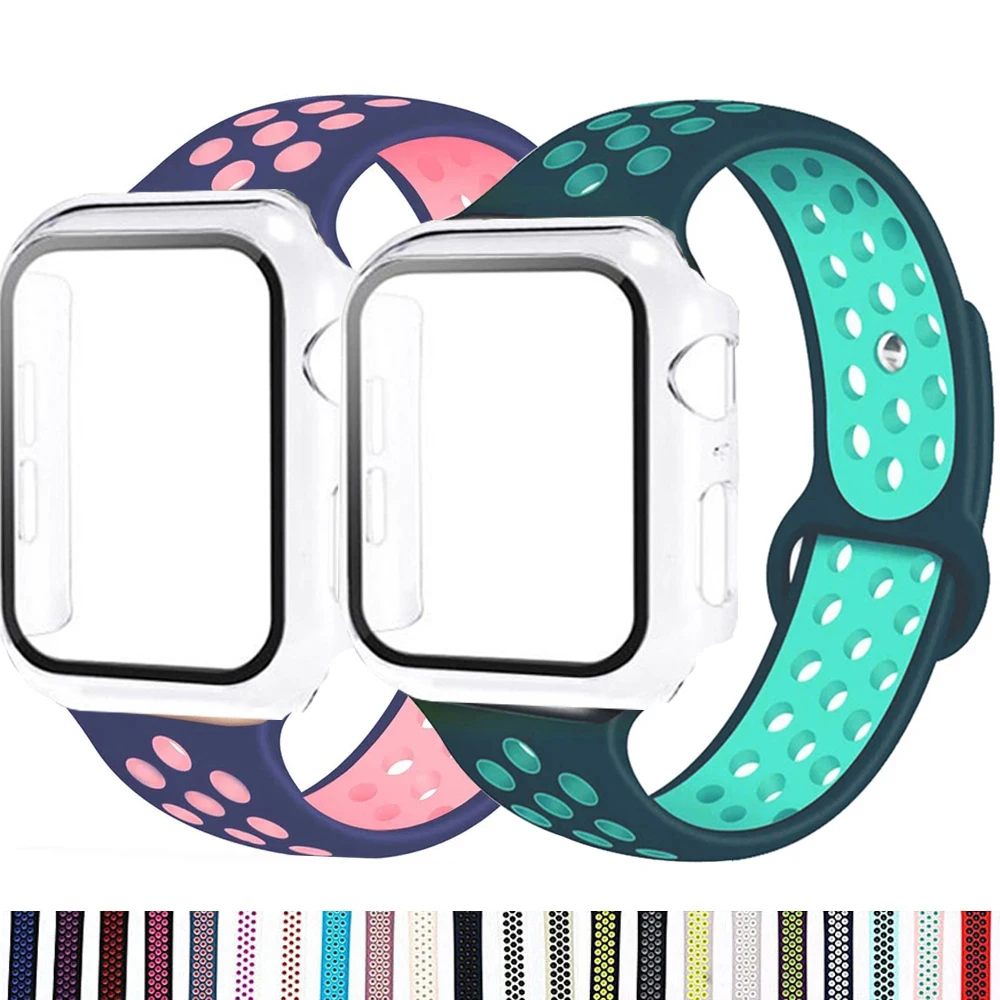 

Стекло + чехол + ремешок на ремешке для Apple Watch Band 44 мм 40 мм ремешок для часов 45 мм 41 мм силиконовый спортивный Браслет Apple Watch Series 7 6 5 ремешок