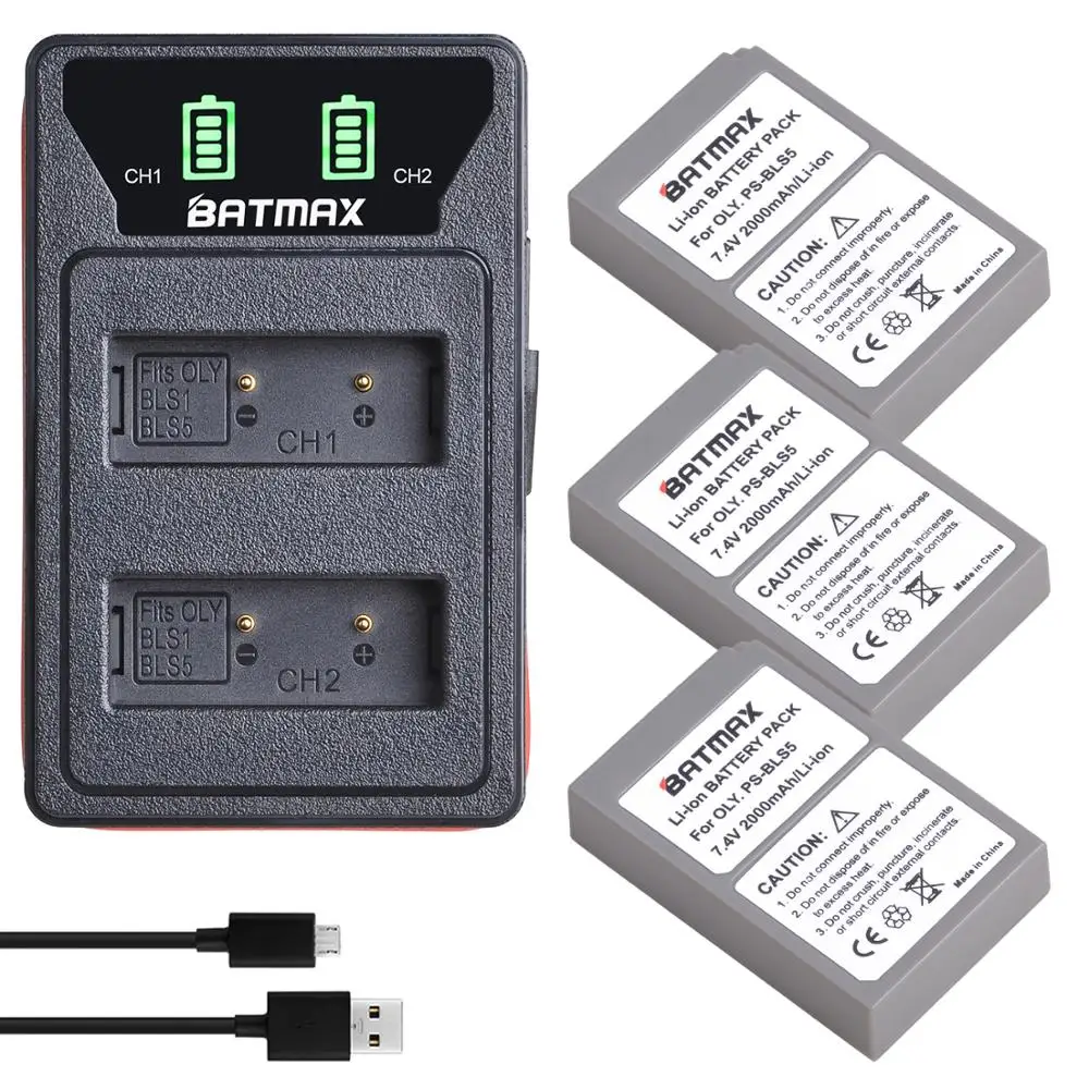3 шт 2000mAh BLS 5 BLS5 Bls50 батарея + LED двойной USB зарядное устройство для Olympus OM D E M10 Mark III