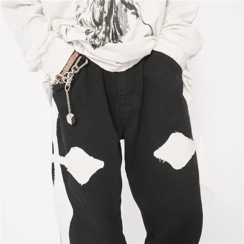 

Men Cross High Street Loose Casual Straight Jeans Long Trousers Male Japan Korea Streetwear Hip Hop Wide Leg Denim Pants