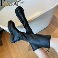eokkar 2021 winter shoes women black sexy knee high boots round toe all match white office ladies boots square heels shoes