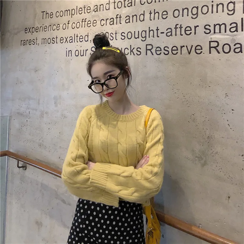Autumn Winter New Women's Short Pullovers Sweater Twist Knitting Full Sleeve Solid Fashion Vintage Casual Tops T98506D