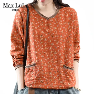 Max LuLu осенние корейские стильные роскошные дизайнерские женские топы в стиле панк свободные футболки с V-образным вырезом Женские Винтажные льняные футболки большого размера