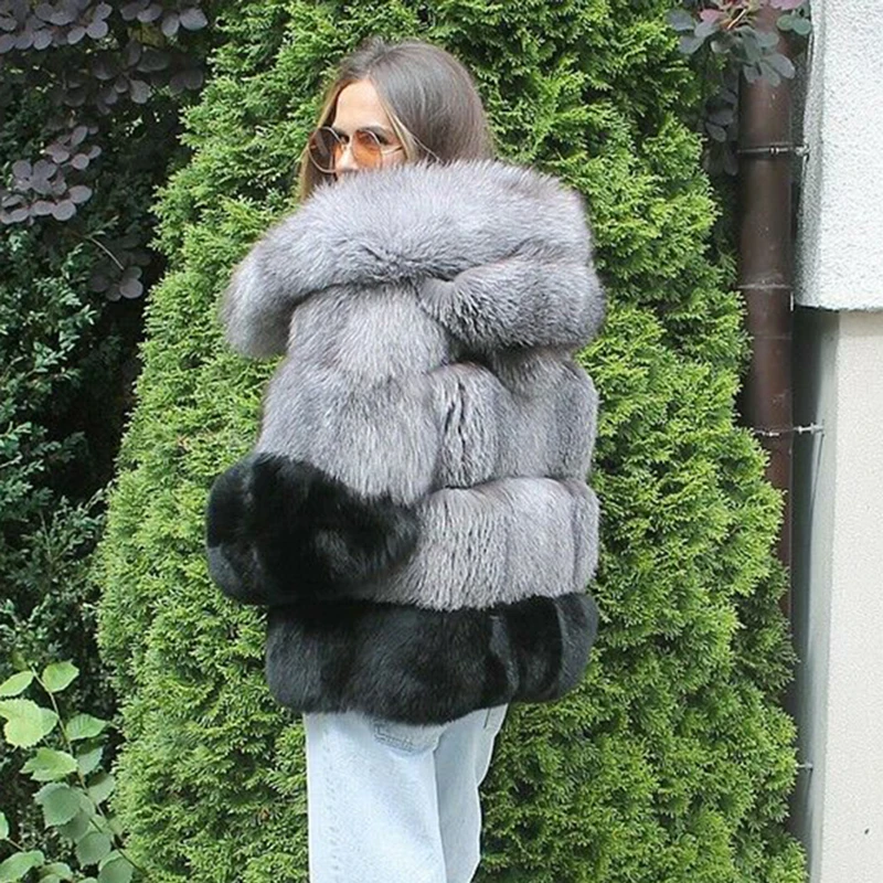 Fashion Silver Fox Fur Jacket with Hood Winter 2022 New Woman Casual Full Pelt Genuine Silver Fox Fur Coat Luxury Fur Overcoats