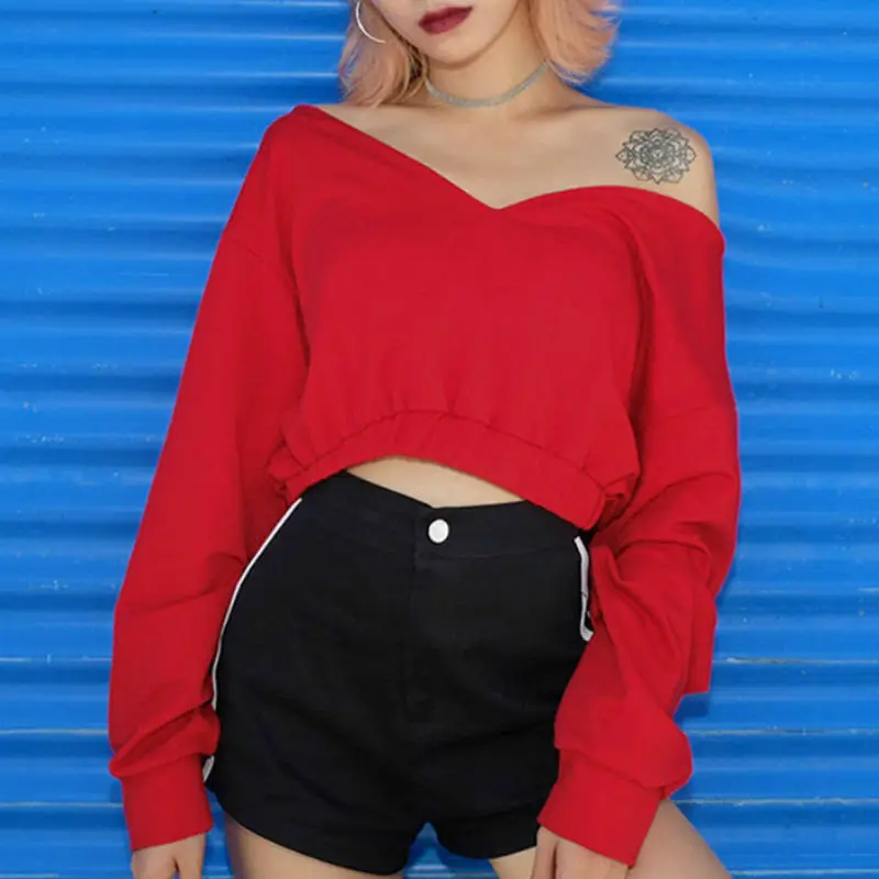 

Fashion Long Sleeve Crop Top Women Solid Color V-Neck Blouse Top