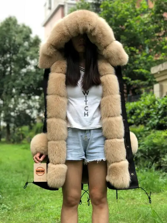 FLFP01 black-beige Fandy lokar натуральное меховое пальто, отделенная подкладка, натуральный мех кролика Рекс, парка из натурального Лисьего меха, черная куртка, зимнее пальто, длинное меховое пальто для женщин - Цвет: FLFP01 black-beige