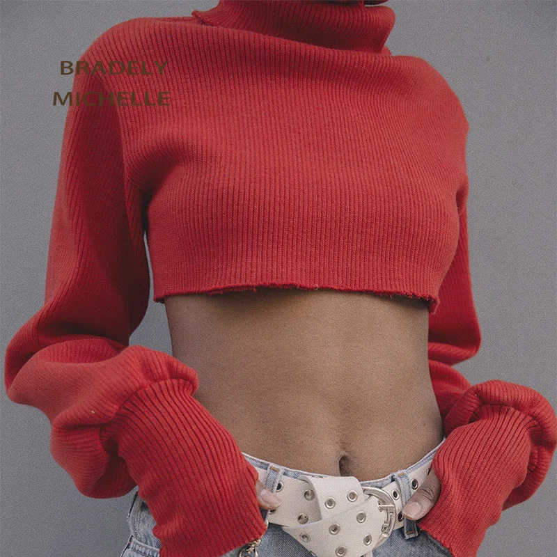 Fashion Autumn and Winter Knitted Pullovers Lantern Long-sleeve Turn-down Collar Solid Crop Short Sweaters Women | Женская одежда