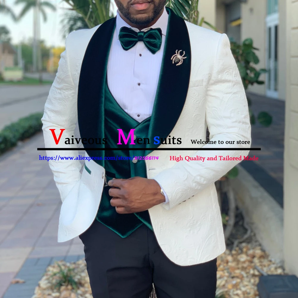 Жаккардовый смокинг цвета слоновой кости для жениха темно-синие бархатные