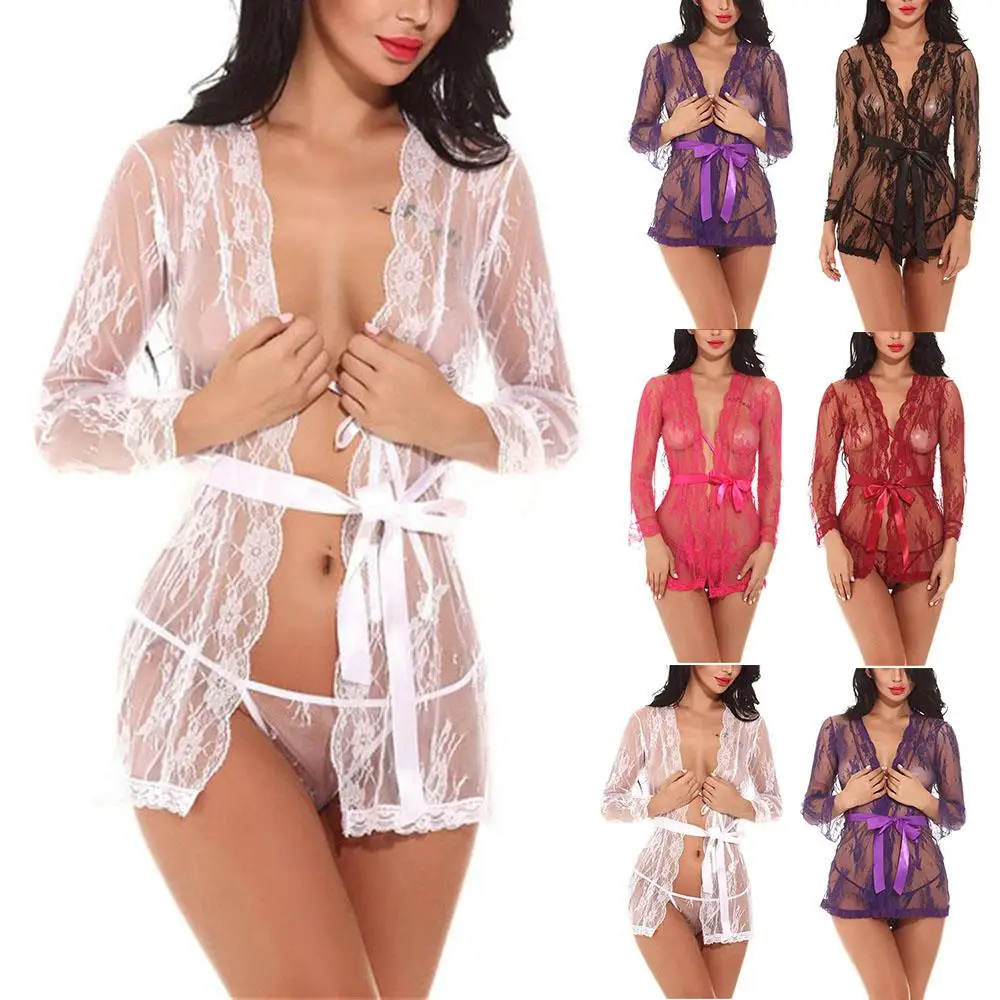 

Women Sexy Lace Lingerie Set Perspective Sleepwear Long Sleeve Two Pieces Nightwear
