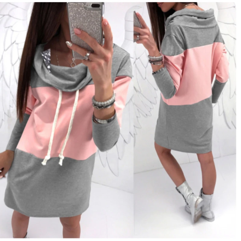 

Autumn Women Turtleneck Sexy Dress Casual Long Sleeve Mini Dresses Fashion Pink Gray Patchwork Dress Female Vestidos