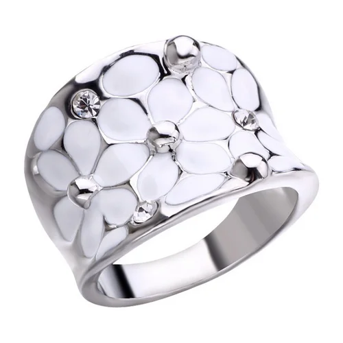 

Design Enamel White Flower Rings for Women Wedding Party Glass Filled Glass Filled Wide Finger Ring Silver Color Charm Jewelry