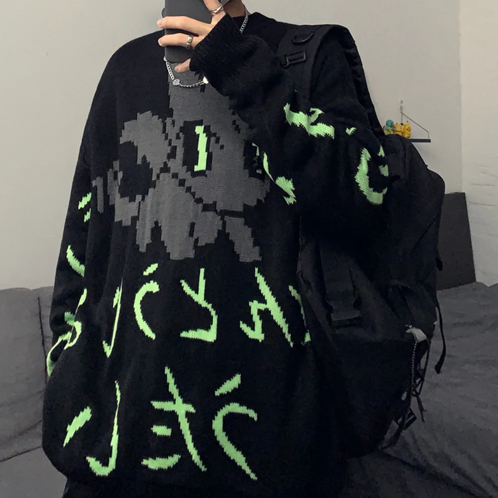 

Sweater Female 2021 Harajuku Style Cartoon Black Sweater Women Loose Long-Sleeved Knitted TopKnitted Fabric Women'S Sweater Tops