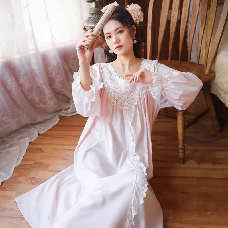 

Long sleeve nightdress women's spring cotton palace style sweet princess loose large size home dress lace embroidered pajamas
