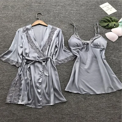 Pajama Set Women Lace Trim Satin Sleepwear Summer Nightwear With Pants Casual Home Wear