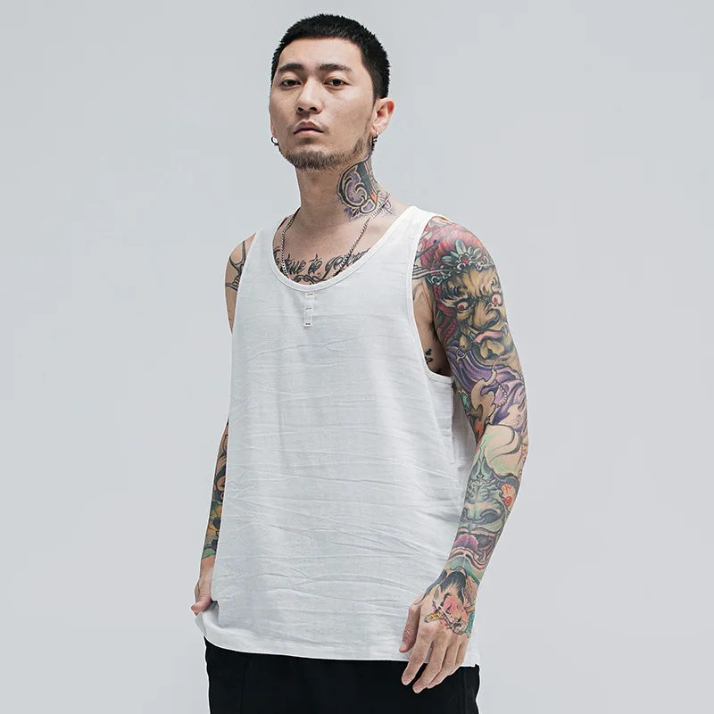 

SAMWESTART 2020 Men Tank Tops Vest Summer Fashion O-Neck Solid Color Cotton Linen Loose-Fit Applique MEN'S Vest Literature
