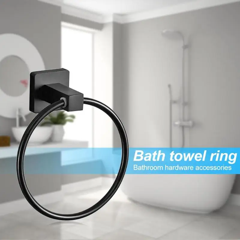 

Simple Wall-Mounted Round Towel Ring Matte Black Stainless Steel Clothes Rack Bathroom Supporter Hardware Accessories