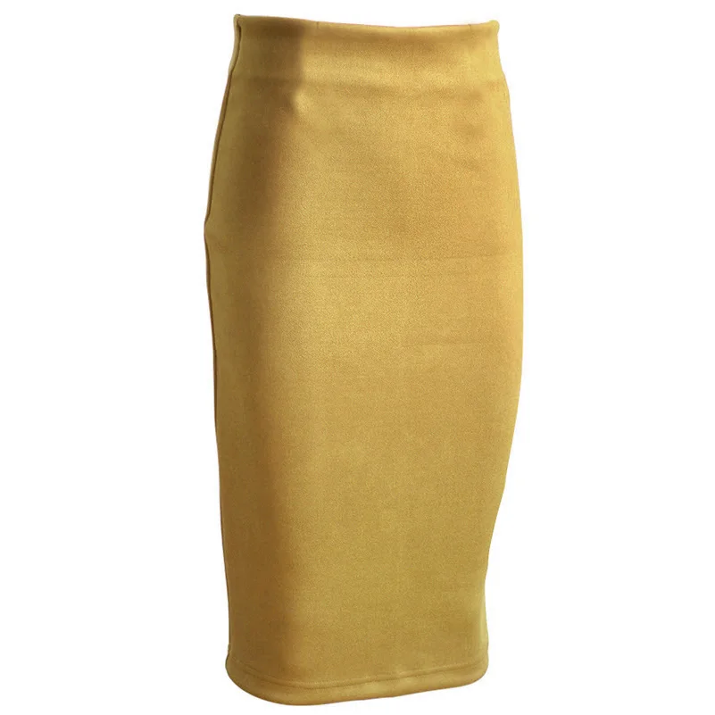 Yellow Super Deals Fashion Women Suede Solid Color Pencil Skirt Female Spring Autumn Basic High Waist Bodycon Split Knee Length Skirts - Цвет: Yellow