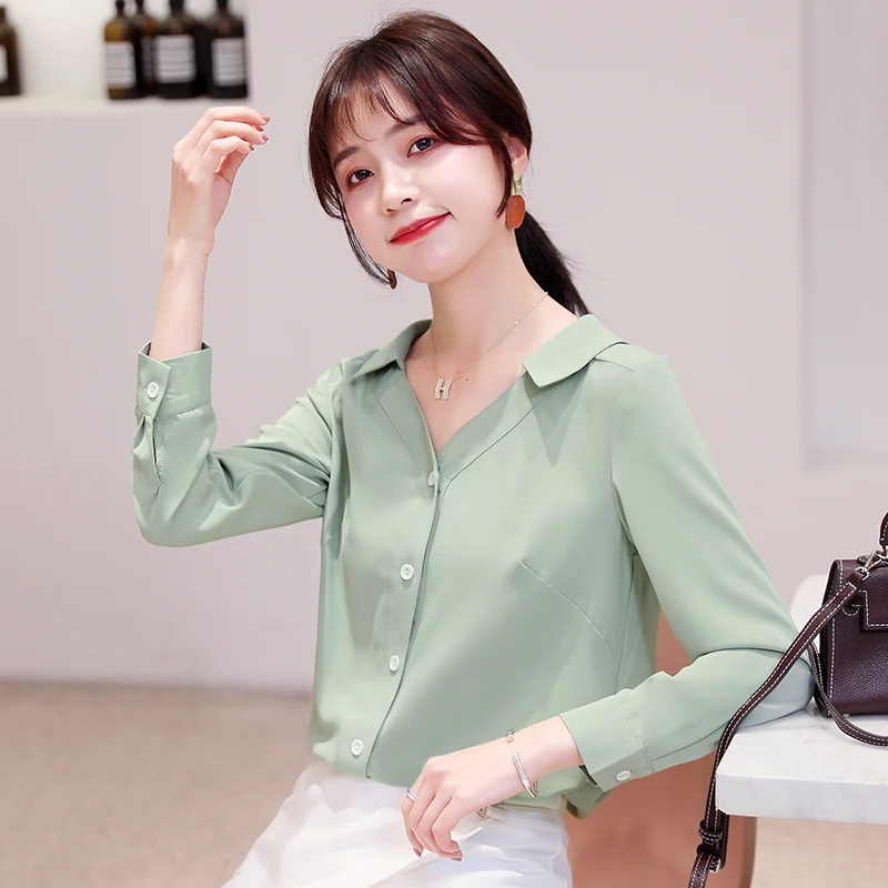 

Green Apricot Long Sleeve Chiffon Women Shirts Autumn Spring Elegant Korean Casual Office Lady Blouse Female Tops Fall Plus Size