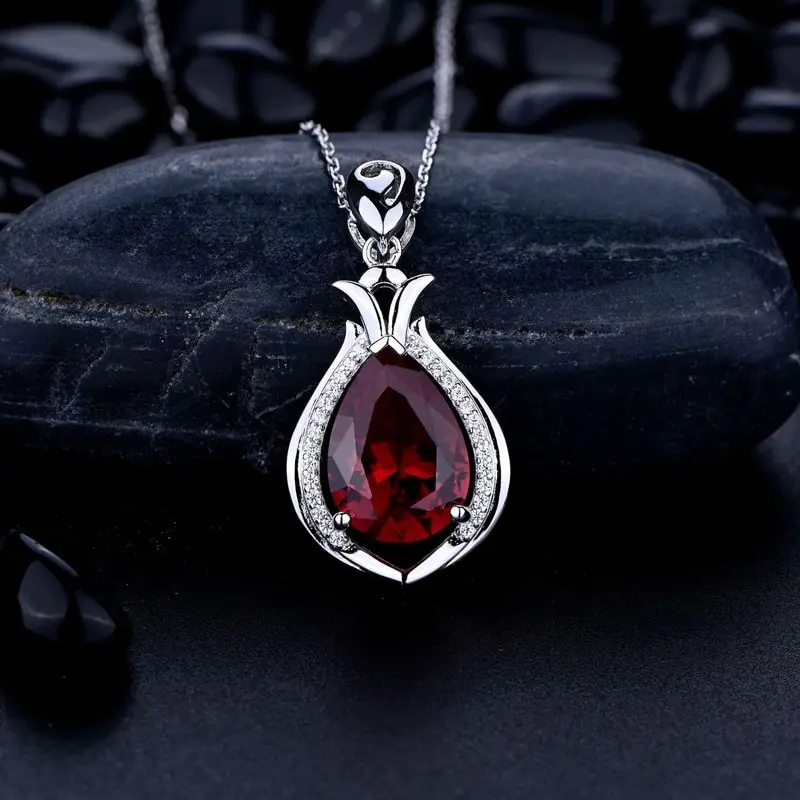 

Jazaz 100% 925 Sterling Silver Water Drop Ruby High Carbon Diamond Pendant Necklace For Women Elegant Party Fine Jewelry B01377