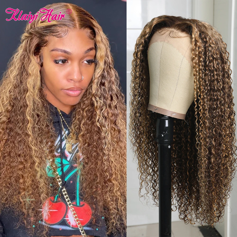 

Klaiyi Hair Highlight Curly Human Hair Lace Front Wig Peruvian Remy Hair Lace Frontal Wigs For Women Ombre Brown Color Curly Wig