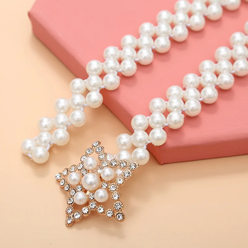 

HOT Skirt Dress Pearl Bow-Knot Waist Belt Attractive Women Pearl Chain Adjustable Size Elastic Buckle Crystal Strap Jewelry