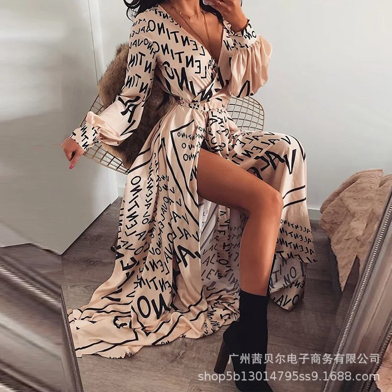 

2021 new stacked letter print high slit dress