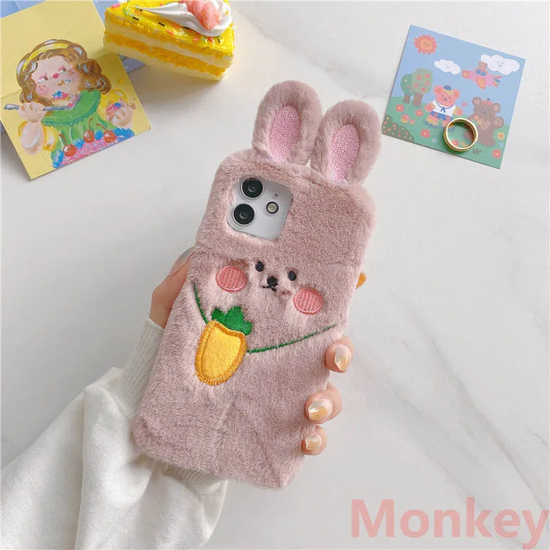 rabbit ears fur plush phone case for oneplus 9 8 7 pro 6 5 3 one plus 9r 8t 7t 6t 5t 3t nord z n10 cute bunny radish cover coque free global shipping
