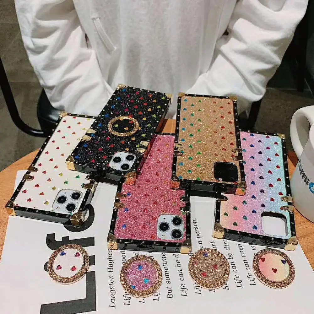 

Luxury Square Glitter Phone Case for iPhone 12Mimi 11 Pro Max X XS XR 7 8 Plus Heart Silicone Soft Cover Coque With Ring Bracket