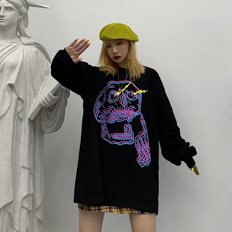 Skull Print Harajuku Hoodie Sweatshirt Casual Hoodies Women Oversized Polyester Cotton Winter Coat Halloween Long Sleeve V557