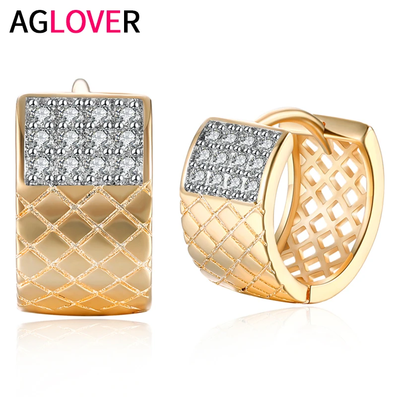 

AGLOVER 100% S925 Sterling Silver 18k Gold Square Zircon Round Earrings For Fashion Woman Engagement Party Jewelry Gift