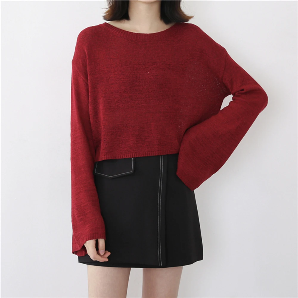 

YUANYUANJYCO Autumn Women Short Casual Knitted Pullover MY53 Spring Thin Loose Flare Long Sleeve O-neck Cropped Woman Sweater