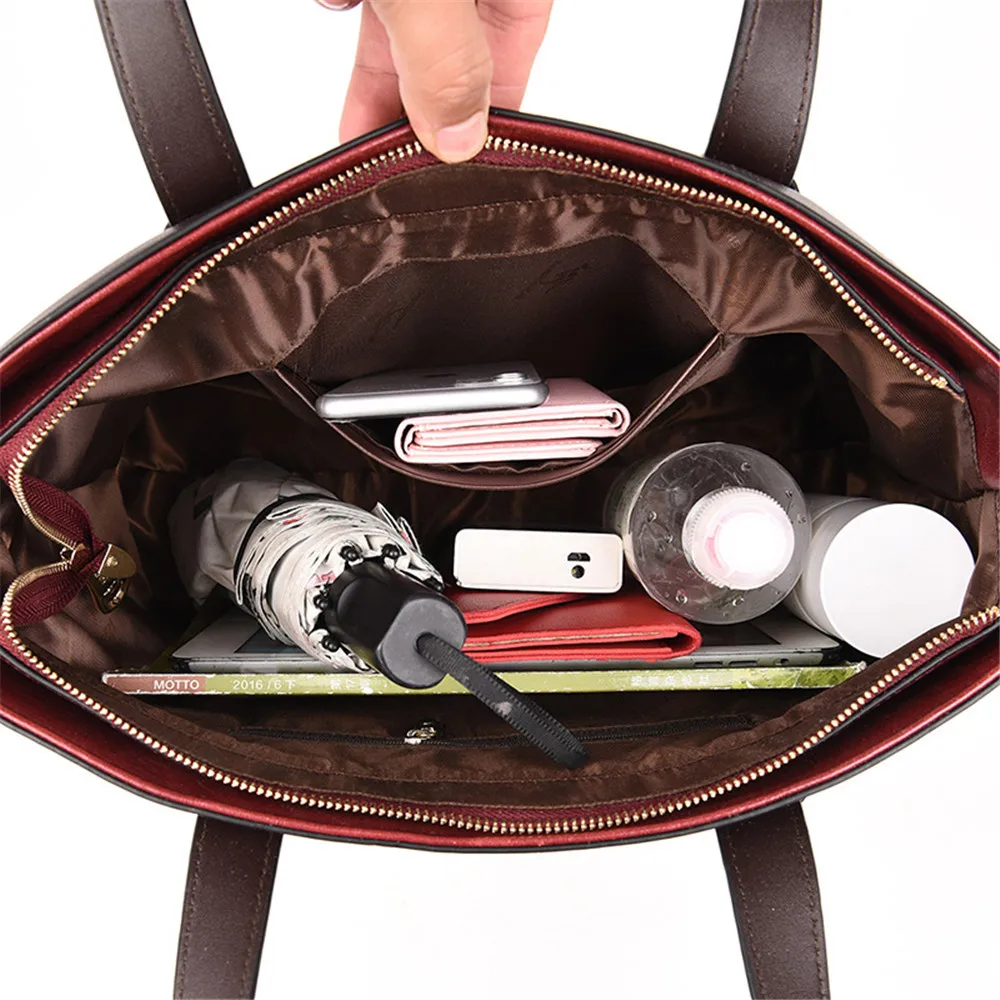 

Contrast Color Women Leather Handbag Vintage Design Large Composite Bag Large Capacity Female Shoulder Bag Ladies Travel Totes