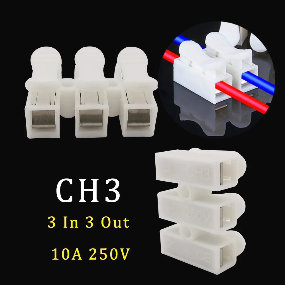 

5/10/20 шт. CH3 3-контактные быстроразъемные клеммы CH3 10A 220 В пружинный нажимной быстроразъемный соединитель для электрического кабеля устойчивы...