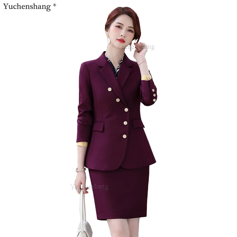

High Quality Elegant Work Career Blazer and Skirt Suit Women S-5XL Two Piece Set Office Ladies Formal Button Decoration Clothes