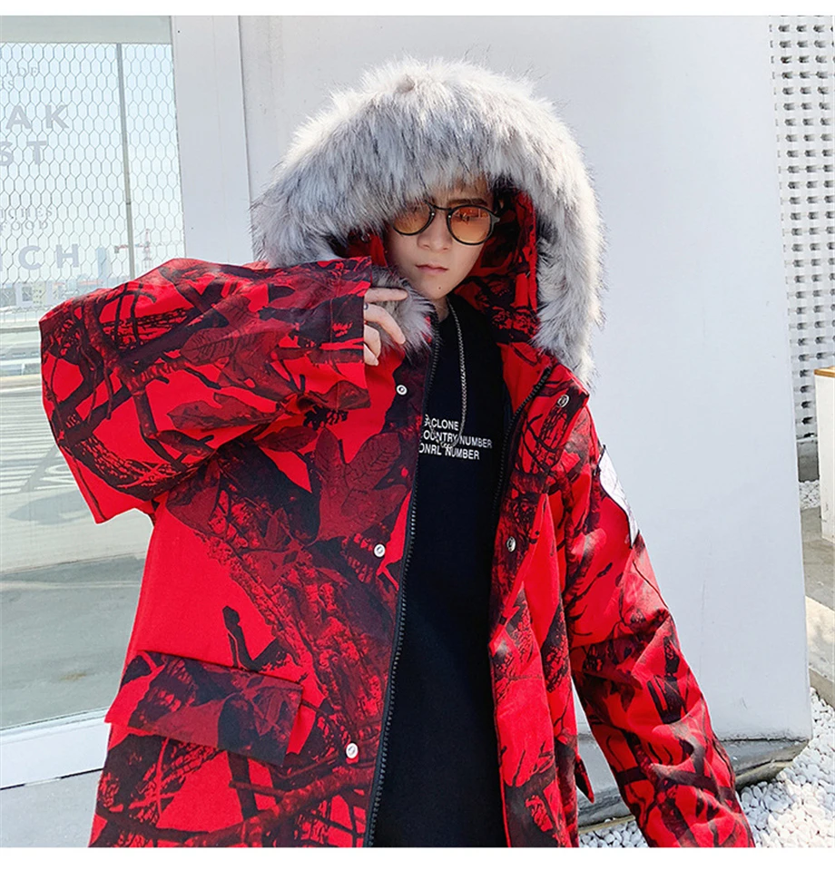 Winter Hip Hop Parkas Men Camouflage Jackets Fur Collar Hooded Thick Windbreaker Coats Outwear Streetwear Plus Size HZ158
